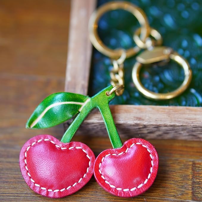 Handmade Genuine Leather Cherry Keychain - Cute Red Fruit Keyring for Women Girls, Fashion Bag Purse Charm Accessory Gift(Unisex Gift)