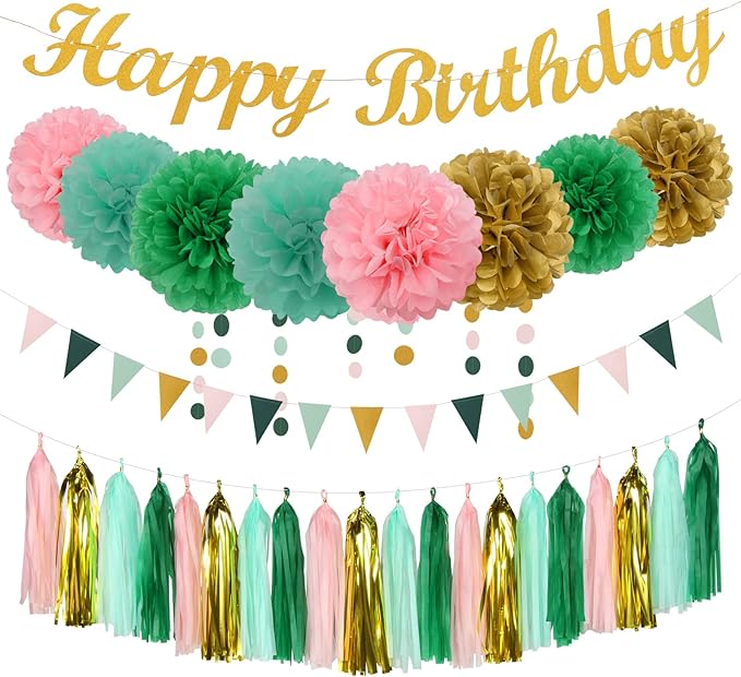 Sage-Green Pink Mint Gold Birthday Decorations - 31pcs Party Kits Happy Birthday Banner Flags,Tissue Paper Pom Poms,Circle Dots Garland,Tassel Streamers,40th 50th Women Men Birthday Decor Panduola