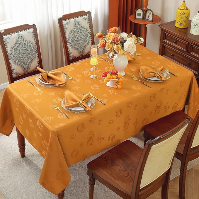 MATIRUG Fall Thanksgiving Tablecloth Rectangular 60x84 Inches, Pumpkin Jacquard Water Resistant Washable Table Cloths, Vintage Party Table Cover for Autumn Friendsgiving/Honey