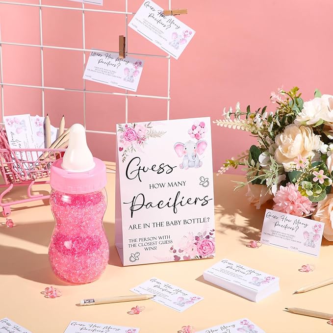 Roowest 512 Pcs Baby Shower Games Guess How Many Pacifiers Sign 100 Small Guessing Games 10 HB Pencils 750ml Milk Bottle 400 Acrylic Pacifiers Decoration for Guest Gender Reveal(Pink,Elephant)