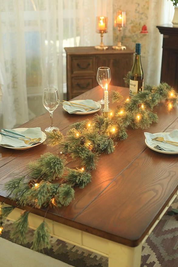 6.4FT Rustic Christmas Garland with Light, Pre-lit Outdoor with Pine Needles Cones for Fireplace Door Porch Mantel Centerpiece Xmas Decoration, Green (Dense Pine Needle)
