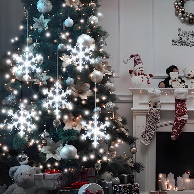 5Pack Christmas Window Lights Decorations with Timer,Battery Powered Christmas Hanging White Lighted Snowflake Shaped LED Sucker for Xmas Tree Fireplace Indoor Decor