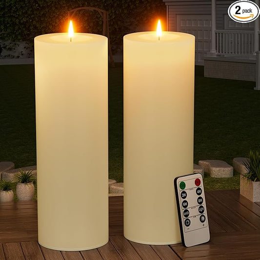 12" x 4" Large Outdoor Candles with Timer Waterproof Flickering LED Flameless Candles Battery Operated with Remote Fake Pillar Candles Realistic for Patio Porch Lanterns, Ivory 2 Pack