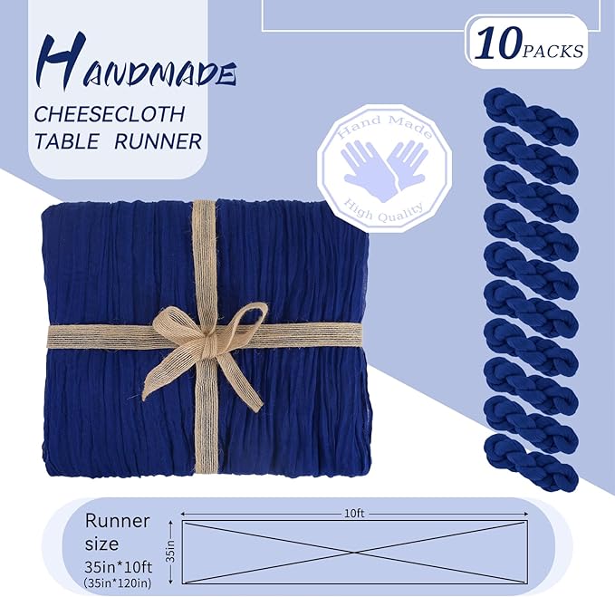 10 Packs Cheesecloth Table Runner Royal Blue, 10Ft x 35" Dark Blue Rustic Gauze Boho Wedding Table Runner Decoration, Wedding Table Decor Table Cloth for Wedding Party Bridal Shower Table