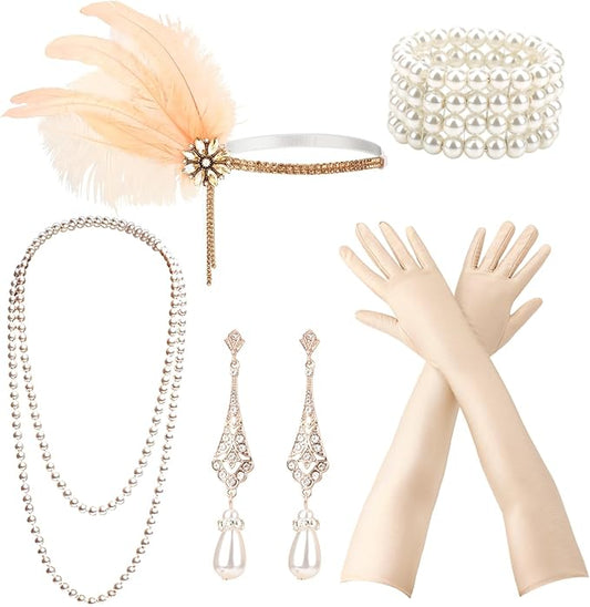 DRESHOW 1920s Great Gatsby Accessories for Women Flapper Headpiece Headband Gloves Costume Harlem Nights Accessories Set