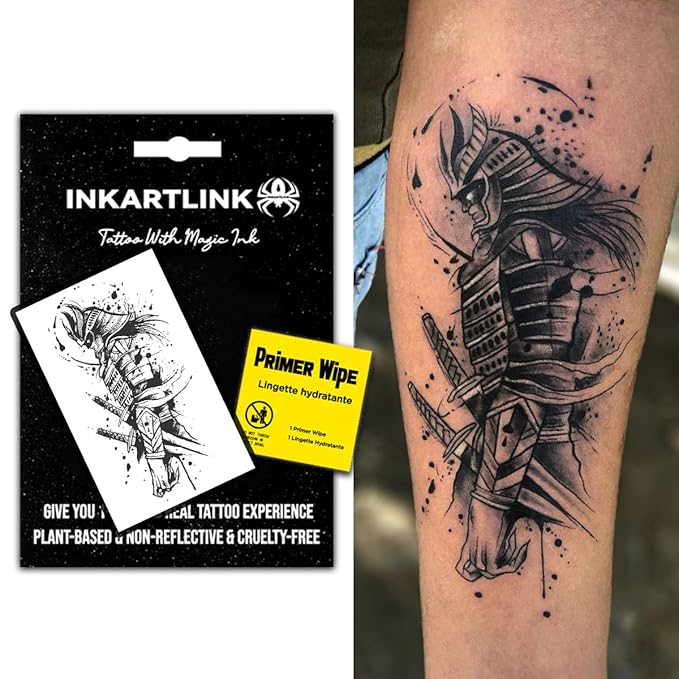 INKARTLINK Semi permanent Tattoos, Temporary Tattoos, Adult Art Designs, Party Favors, Waterproof, Realistic, No Adhesive, No Reflective, Lasts 1-2 Weeks, Extra Large (Double Blade Warrior)