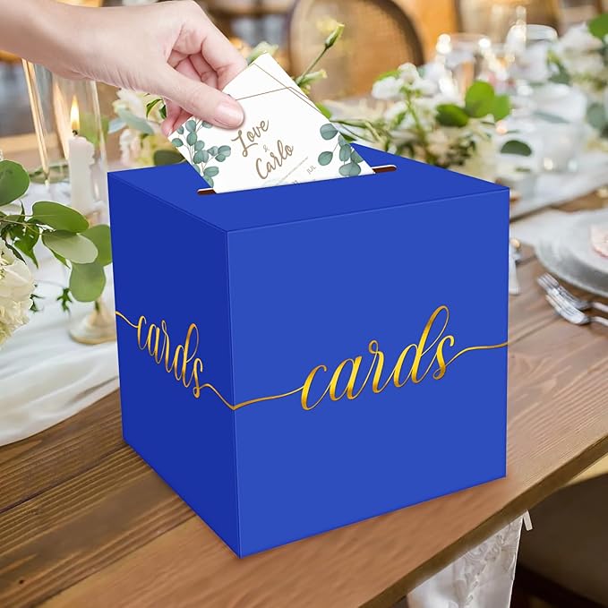 1 Pack Blue and Gold Foil Card Box for Party, 8.7" Blue Gift Card Box Money Box for Birthday, Wedding, Baby Shower, Retirement, Anniversary, Bridal Shower, Raffle Ticket