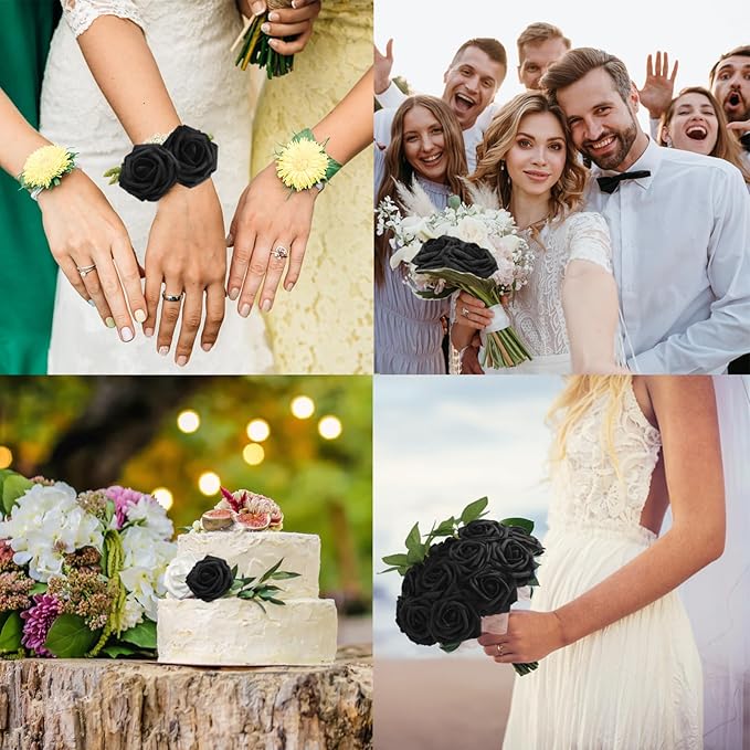 JOYLEX Artificial Flowers Realistic Roses, Real Looking Fake Roses with Stem for DIY Wedding Bouquets Centerpieces Bridal Shower Party Home Romantic Decorations (Black, Regular 3" - 200pcs)