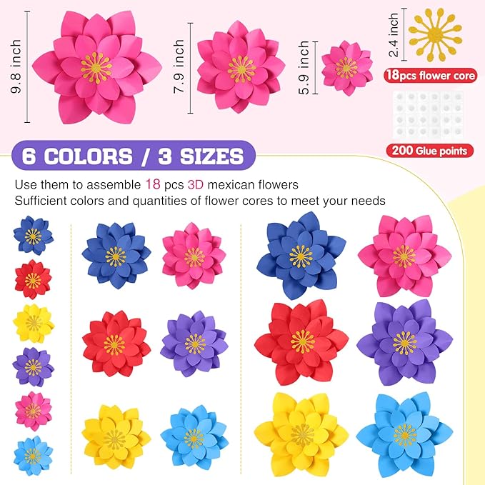 18 Pcs Mexican Paper Flowers Decor for Wall DIY Paper Fiesta Bulletin Board 3D Colorful Mexican Backdrop Decoration for Classroom Back to School Carnival and Holiday Party(Lotus-Shaped,Dark)