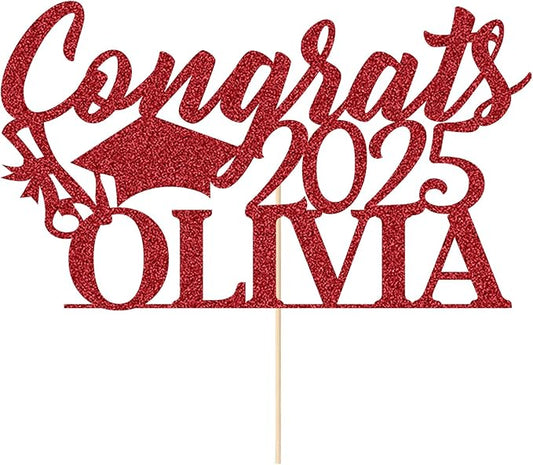 Personalized Cake Topper Custom Congrats Graduation Hat Student Class of 2025 Double Sided Glitter Card with Any Name (Red)