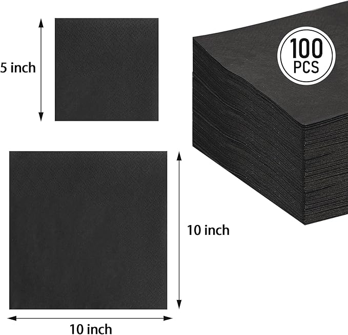 FLOWERCAT 100-Count 2-Ply Black Cocktail Napkins - Black Beverage Napkins Disposable Premium Quality - 5“ x 5" and unfold 10" x 10" Paper Napkins for Bar,Weddings,Birthday,Halloween