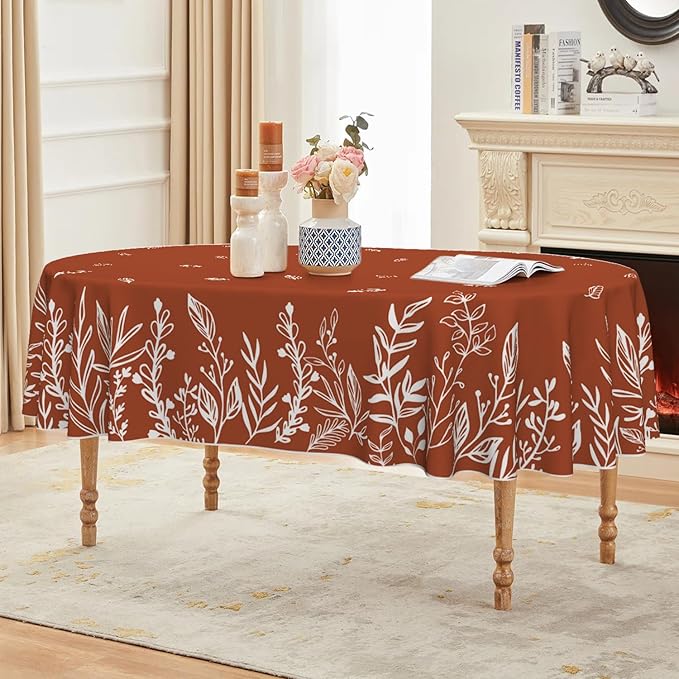 Horaldaily Fall Tablecloth 60×84 Inch Oval, Thanksgiving Autumn Harvest Caramel Wild Flowers Table Cover for Party Picnic Dinner Decor