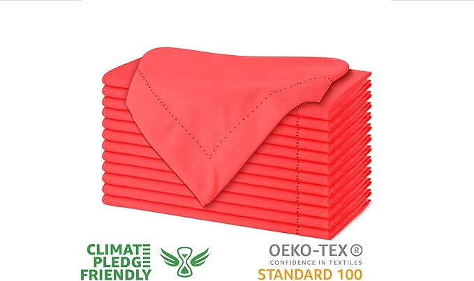 Urban Villa Cloth Napkin Set of 12 Hemstitch Solid Red 20x20 Inches Premium Soft Cotton Highly Absorbent Reusable & Washable Dinner Table Napkins for Home and Weddings