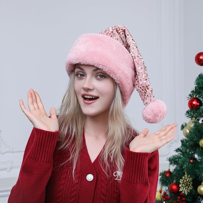 Personalized Sequin Santa Hat for Adults, Pink Glitter Christmas Party Hat, Xmas Halloween New Year Holiday Festive Headwear
