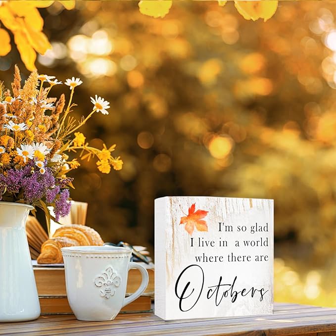 Funny Autumn Wood Box Sign Where there are Octobers Wooden Block Desk Decor for Home Office Kitchen Cubicle Table Shelf Tabletop,Farmhouse Fall Sign Decor