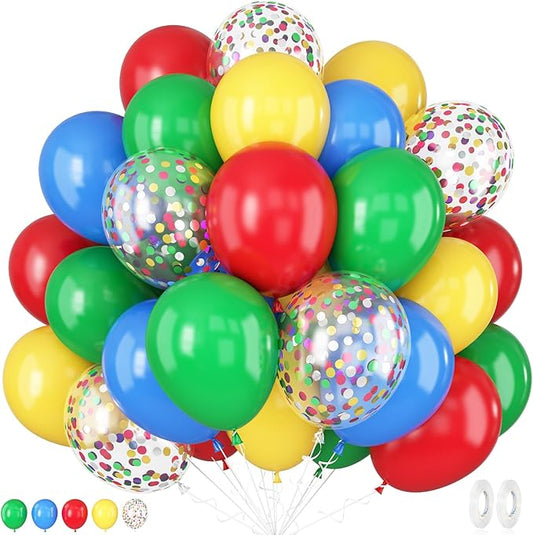 Togvu Red Yellow Blue Balloons, 12 Inch Carnival Circus Balloon, Matte Blue Yellow Red Green Balloons with Colourful Confetti Balloons for Kids Birthday Baby Shower Carnival Theme Party Decoration