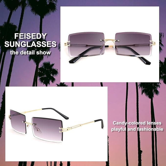 FEISEDY Vintage Rimless Sunglasses Rectangle Frameless Candy Color Glasses Women Men B2642