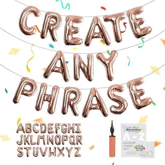 53pcs Rose Gold Letter Balloons, Custom A-Z Set for Personalizing Names & Phrases on Party Supplies Banners - Inflate with Balloon Pump, for Women Girl Birthdays/Anniversary/Wedding