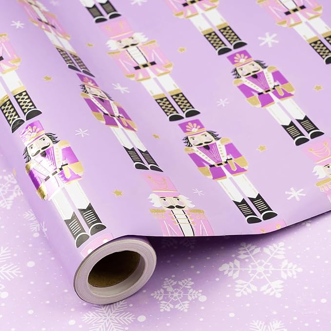 RUSPEPA Christmas Reversible Wrapping Paper Roll for Kids Girls, Mini Roll, Gold Foil Purple Nutcracker Soldier and Snowflakes Design, Ideal for Holiday Gifts, Christmas, 17 Inches x 32.8 Feet
