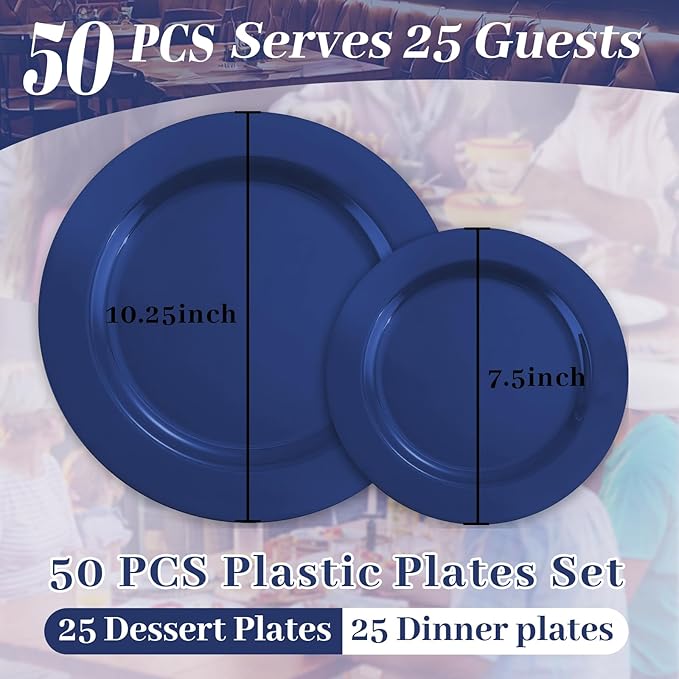 MENDENG 50PCS Blue Plastic Plates for Party, 25x10.25 Dinner Plates & 25x7.5 Dessert Plates, Heavy Duty Disposable Plastic Plates for Wedding Party Hanukkah