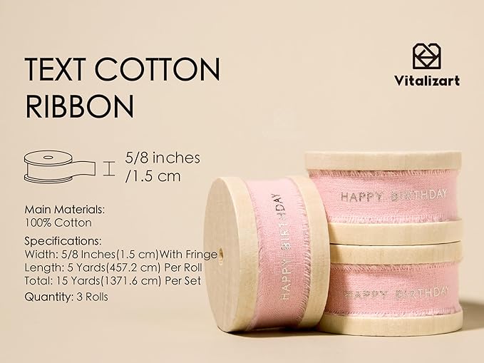 Vitalizart Happy Birthday Cotton Ribbon 5/8 Inch Natural Handmade Frayed Fringe Ribbons 15 Yd for Birthday Gift Wrapping Crafts Flower Bouquets Decor