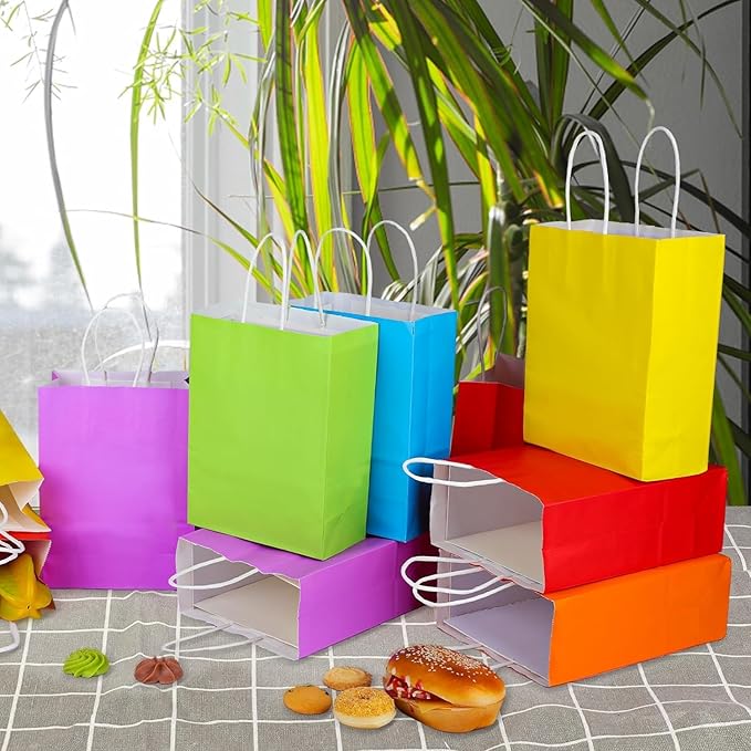 XPCARE 60Pcs Paper Gift Bags, 6.3"x3.15"x8.66" Kraft Paper Party Favor Bags Bulk Rainbow Goodie Bag Small Gift Bag with Handles for Kids Birthday Baby Shower Crafts Wedding Party Supplies (6 Colors)