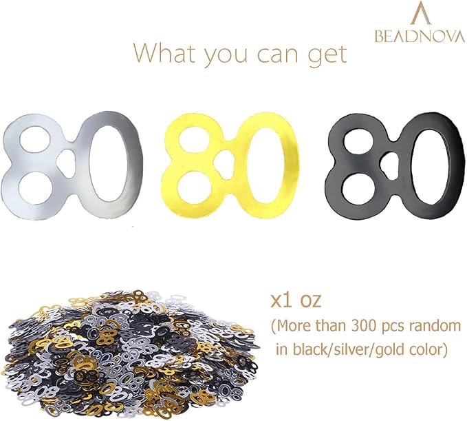 BEADNOVA 80th Birthday Confetti Eighty Years Old 80 Anniversary Number Confetti for Birthday Party Decor Wedding Table Decoration (1oz, Gold Silver Black Mix)