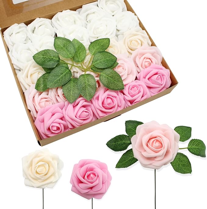 Artificial Flowers Realistic Roses, 25pcs Pink & White Real Looking Fake Roses with Stem for DIY Wedding Bouquets Centerpieces Bridal Shower Party Home Romantic Decorations (25pcs, Shades of Pink)
