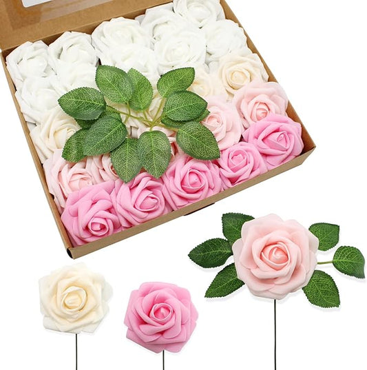 JOYLEX Artificial Flowers Realistic Roses, 50pcs Real Looking Fake Roses with Stem for DIY Wedding Bouquets Centerpieces Bridal Shower Party Home Romantic Decorations Shades of Pink