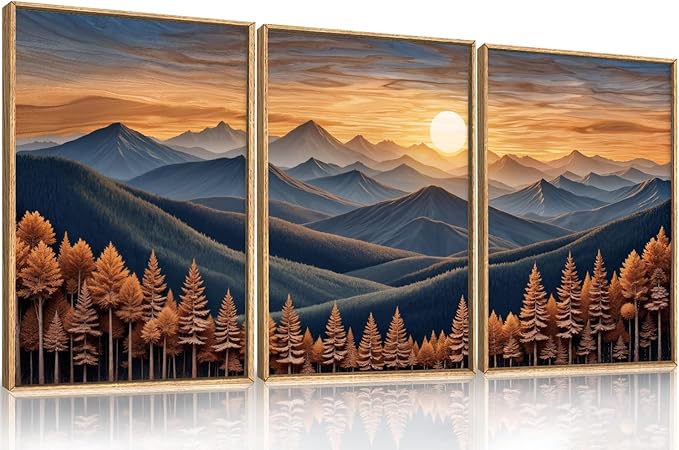 HOURIA Large Woodland Mountain Sunset Framed Canvas Wall Art Set,Wilderness Wooden Forest Landscape Wall Decor,Nature Botanical Artwork,Boho Pine Tree Art Print for Living Room,Bedroom-24 x36 x3