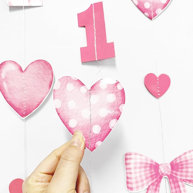 Pink Bow 1st Decorations Pink Plaid Twill Polka Dot Heart Bow Hanging Streamer Garland Banner for Happy First Birthday Girls Just Wanna be One Bday Decor 1st Anniversary Party Decorations Supplies