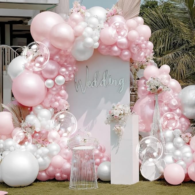 Pearl Pink White Balloon Arch Double Stuffed Pastel Light Pink White Cream Balloon Garland Kit With Bobo Balloons for Birthday Baby Shower Baby in Bloom Wedding Bridal Bachelorette Party Decor