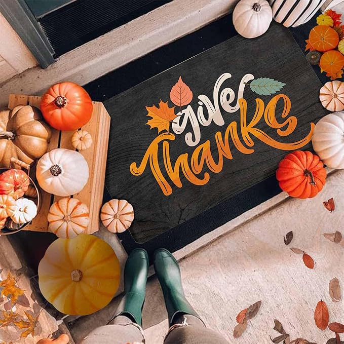 InterestPrint Fall Thanksgiving Welcome Door Mat, Give Thanks Decor for Covered Outdoor Area Fall Maple Leafs Decor Welcome Mat for Autumn Halloween Thanksgiving Farmhouse Decor, 30"x18"inch
