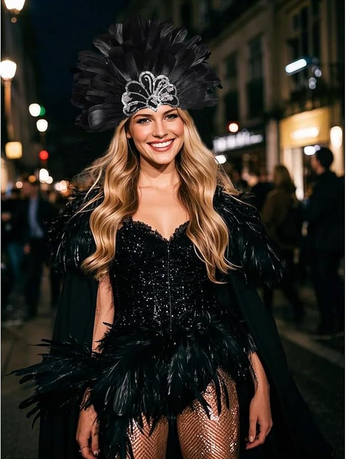 Women's Carnival Feather Headpieces Sequin Headdress for Wedding Masquerade Party Cosplay Feather Headbands
