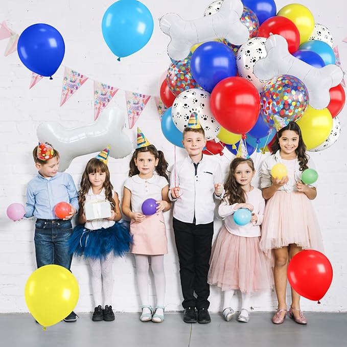 Paw Balloons,12 Inch Red Yellow Blue and White Paw Print Colorful Confetti Balloons with Bone Foil Balloon for Cartoon Carnival Circus Themed Birthday Party Decorations