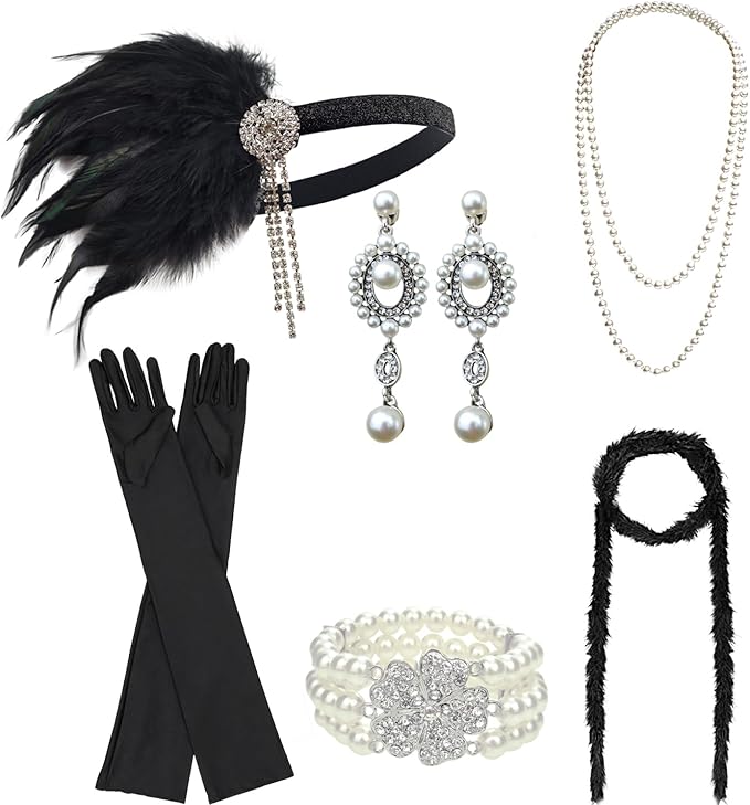 DRESHOW 1920s Great Gatsby Accessories for Women Flapper Headpiece Headband Gloves Costume Harlem Nights Accessories Set