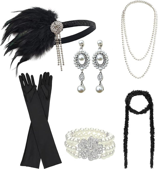 DRESHOW 1920s Great Gatsby Accessories for Women Flapper Headpiece Headband Gloves Costume Harlem Nights Accessories Set