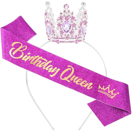 Birthday Queen Sash for Women Tiara & Crowns Headbands for Girls Happy Birthday Party Accessories Favor Supllies Leona Gold Silver Pink Purple, 2 Pack