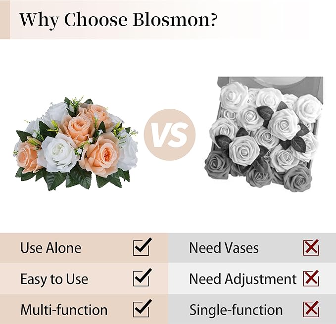 BLOSMON Rose Flower Balls Centerpieces: 6pcs 9.5 Inch Peach Fuzz Fake Flowers Kissing Balls Decor Artificial Wedding Floral Arrangements Silk Bouquet with Base Home Party Room Table DIY Decorations