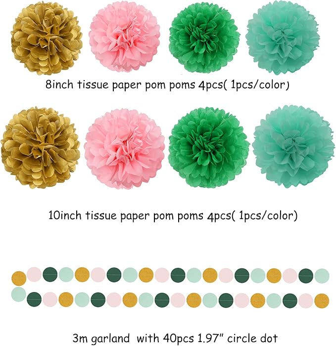Sage-Green Pink Mint Gold Birthday Decorations - 31pcs Party Kits Happy Birthday Banner Flags,Tissue Paper Pom Poms,Circle Dots Garland,Tassel Streamers,40th 50th Women Men Birthday Decor Panduola
