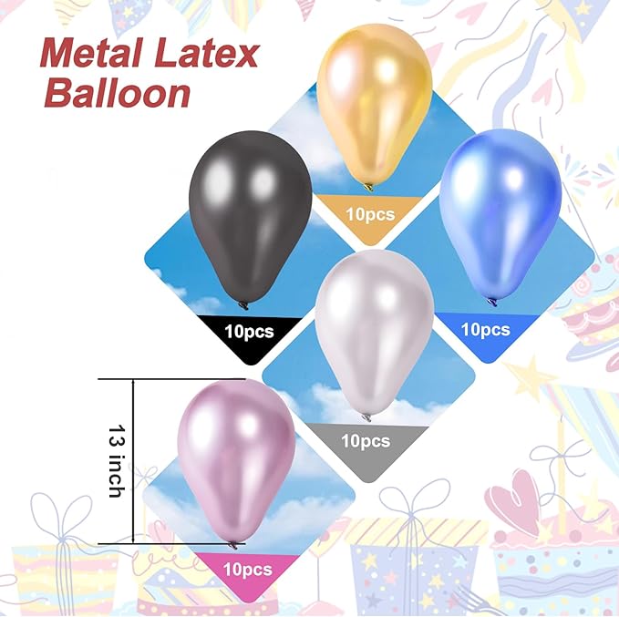 Party Balloons 13 Inch 50 Pcs Assorted Metallic Latex Balloons - Metallic Gold, Silver, Black, Blue & Pink, Helium-Compatible Balloons for Birthday, Wedding, Graduation, Bridal Shower, Bachelorette