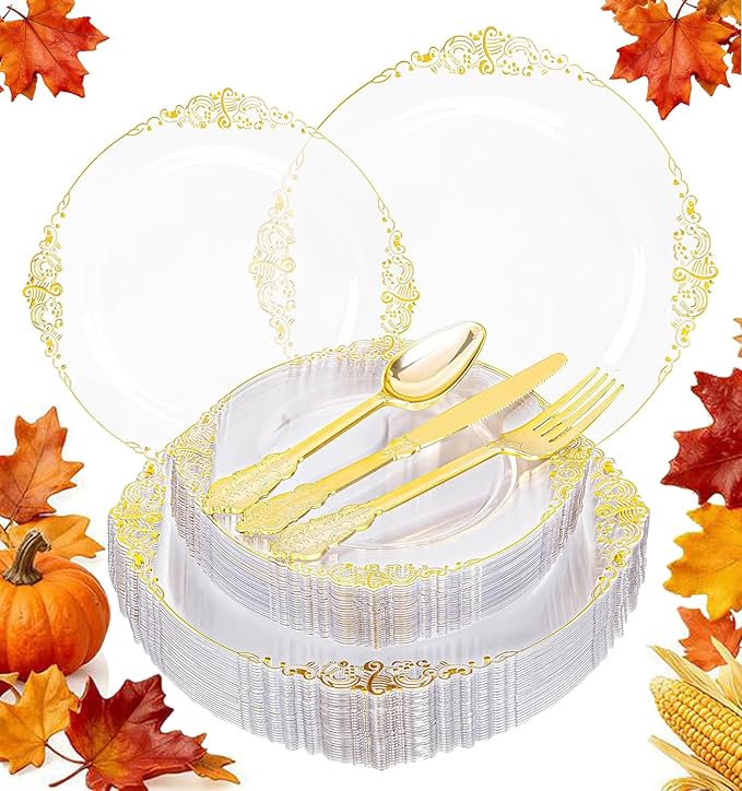 125PCS Clear Gold Plastic Plates - Fancy Clear Disposable Plates - Thanksgiving Plate with Gold Plastic Silverware Set for 25 Guests for Party & Wedding & Holiday