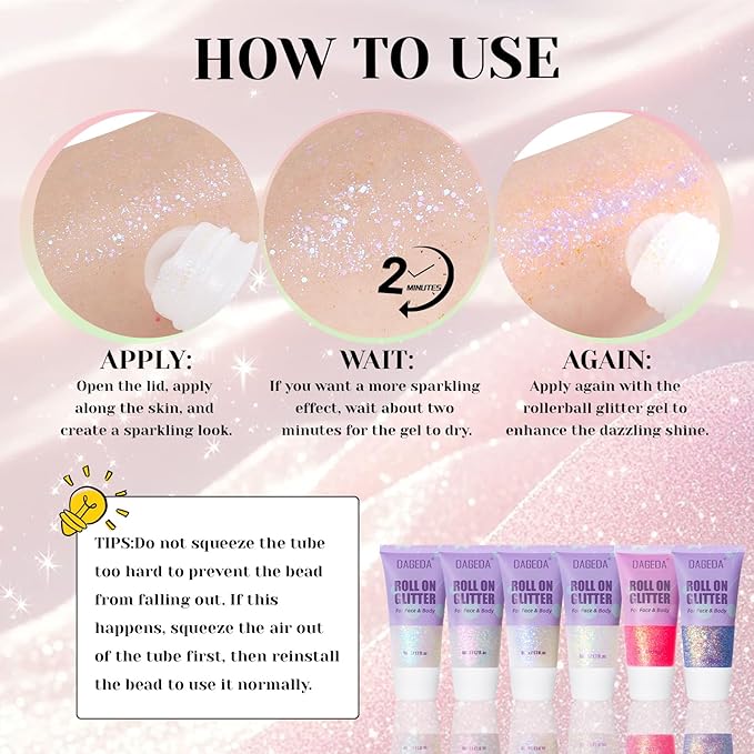 DAGEDA Roll-on Body Glitter,Holographic Eye Face Hair Glitter Gel for Festival Outfit Mermaid Accessories,Chameleon Color Body Shimmer Makeup Rave Outfits Accessories for Women 50ml(Dazzle)