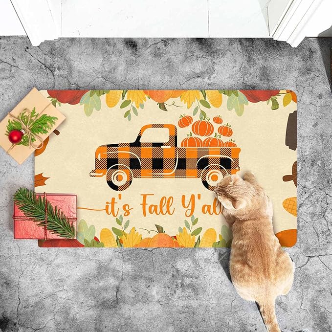 InterestPrint Thanksgiving Doormat Fall Welcome Buffalo Plaid Truck Door Mat Front Door Outdoor Doormat Outside Entrance Porch Non Slip Rubber Rug Autumn Halloween Thanksgiving Farmhouse Decor