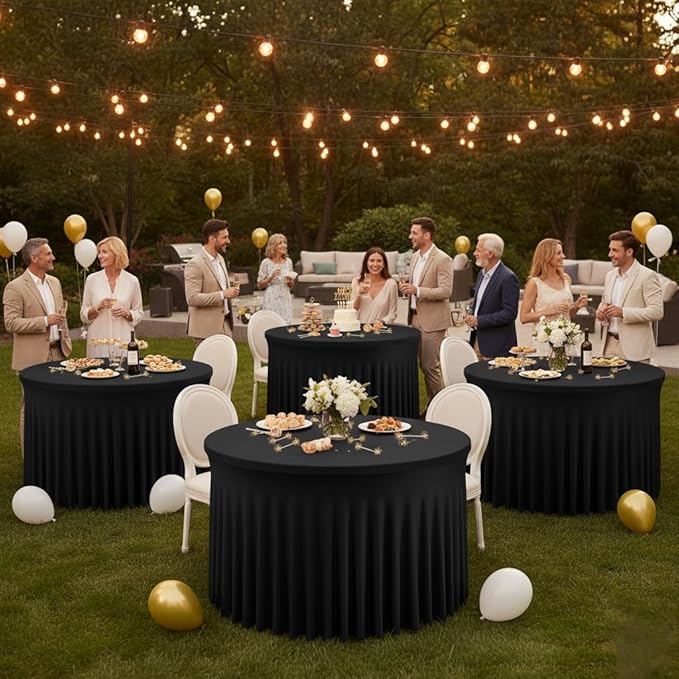 HolidayIdeas Black Spandex 72 in Round Tablecloths, Fitted Stretch Table Skirts for 6ft Round Table, Wrinkle-Free Ruffle Design Tablecloths for Banquets,Trade Shows, Parties, Events, 4 Pack