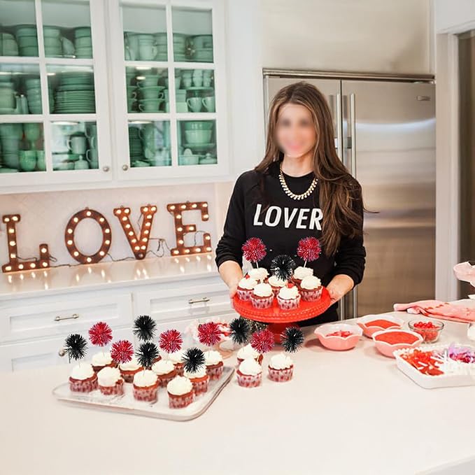 Ephlyn 30Pcs Foil Firework Cupcake Toppers Party Birthday Cake Toppers Supplies Sparkle Tinsel Cocktail Fruit Toothpick for Birthday Wedding Graduation Party Supplies Black Red