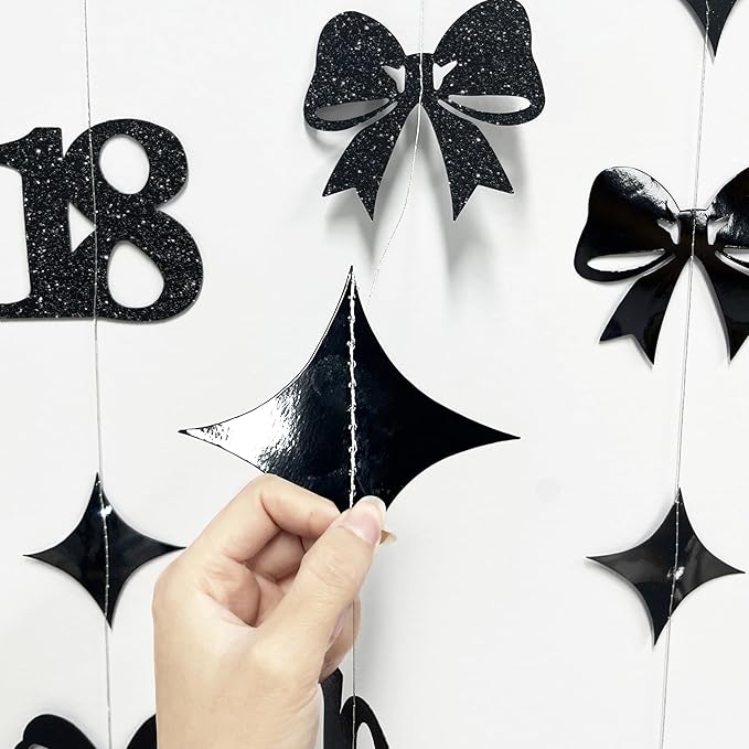 Black 18th Bow Birthday Decorations Glitter Conquette Bow Garland Streamer Banner Backdrop for Girls Boys Happy 18th Birthday Time to Adult Cheers to 18 Years Old Anniversary Party Supplies
