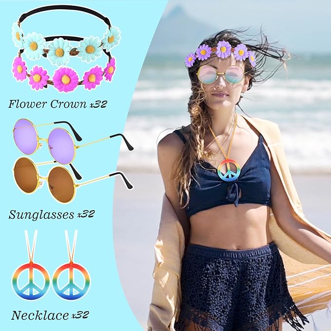 CHRORINE 96 Pcs Hippie Costume Accessory Set for Women Men Includes Hippie Headband Sunglasses Party Supplies for Hippie Party Decorations