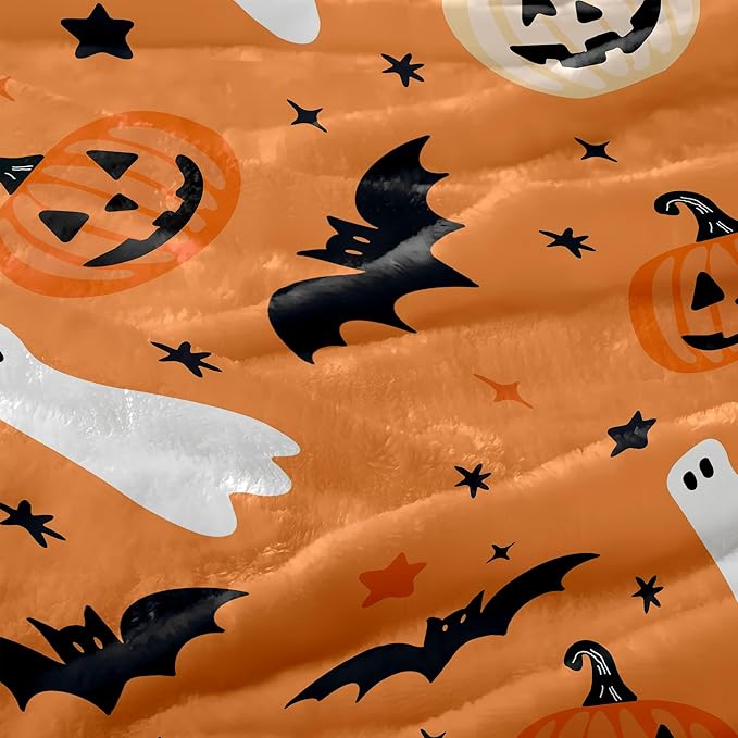 Halloween Flannel Throw Blanket – Ghost, Bat & Pumpkin Pattern – Orange Festive Blanket for Couch or Bed, W50 x L70in