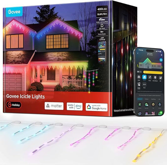 Govee Icicle Lights, Smart RGBIC Christmas Lights for Outside, 33ft with 400 LEDs Icicle Light Outdoor, IP67 Waterproof, Music Sync, Voice Control, 78+ Scene Modes for Halloween Decor